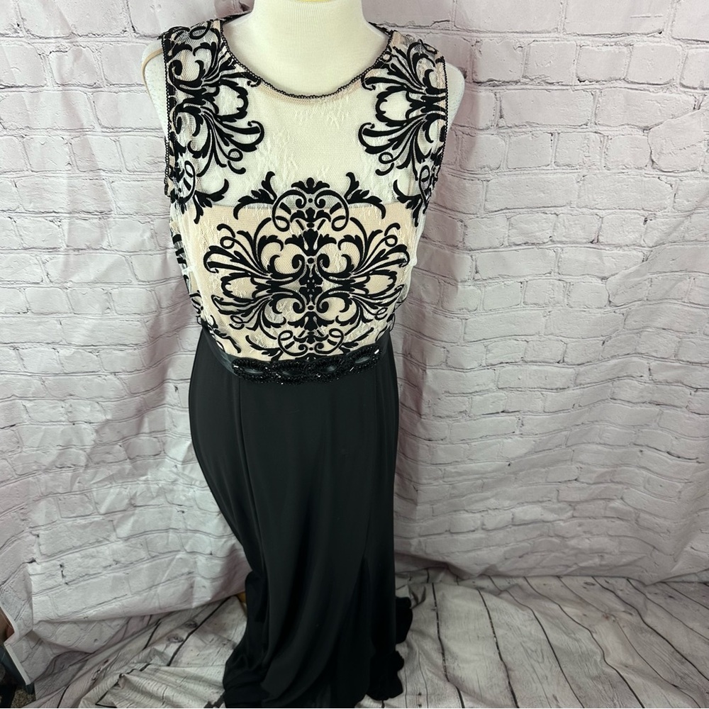 betsy & adam formal evening dress sz 14  black cream sheer top empire waist
